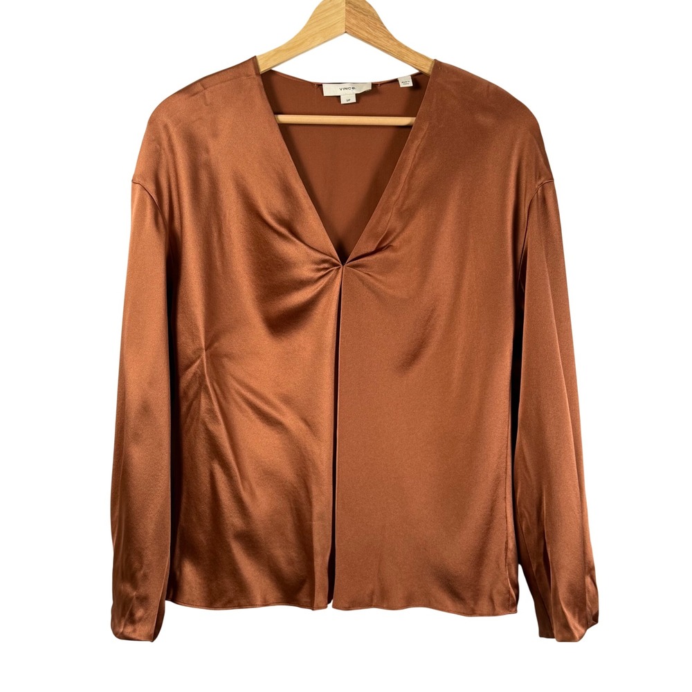 Vince Womens Small Silk Satin V-Neck Long Sleeve Blouse Copper Drape Shine